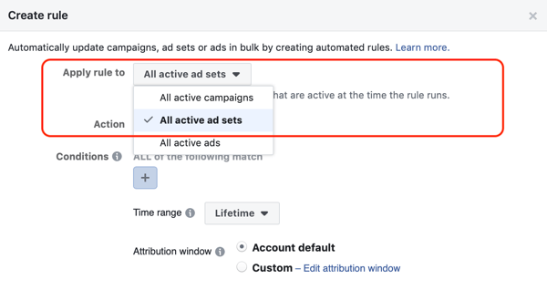 Koristite Facebook automatizirana pravila, zaustavite postavljanje oglasa kada je potrošnja dvostruko veća i ako je kupnja manja od 1, korak 1, primijenite na sve skupove oglasa