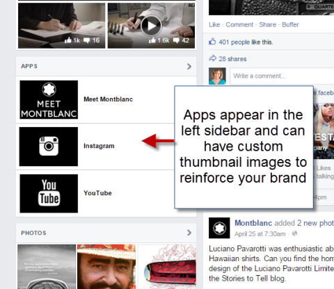 društvene aplikacije na lijevoj bočnoj traci facebook stranice