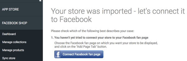 Nakon što se vaša trgovina uvozi putem aplikacije StoreYa, provjerite je li povezana s Facebookom.
