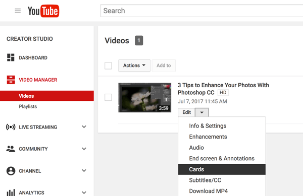 U YouTube upravitelju video zapisa kliknite strelicu prema dolje pored Uredi i odaberite Kartice.
