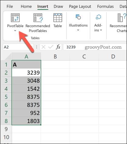 Umetanje zaokretne tablice u Excel