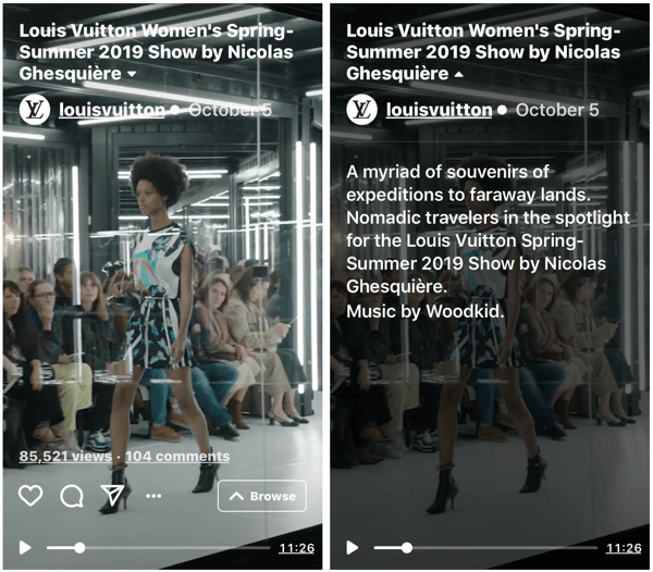 Primjer revije Louis Vuitton IGTV za njihovu žensku modnu reviju proljeće-ljeto 2019.