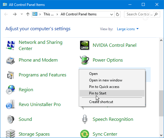 Prikvači stavku upravljačke ploče Windows 10 Start