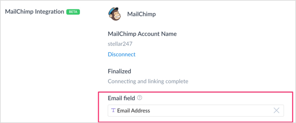U odjeljku Mailchimp Integracija kliknite okvir E-pošta i odaberite prilagođeno polje koje ste kreirali za bilježenje adresa e-pošte. 