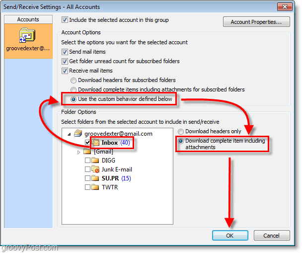 Snimka zaslona programa Outlook 2010 - pristigla pošta koristi prilagođeno ponašanje preuzimanja cijele stavke