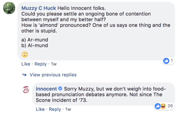 Primjer Inocenta koji je odgovorio na pitanje o komentaru na Facebook objavi.
