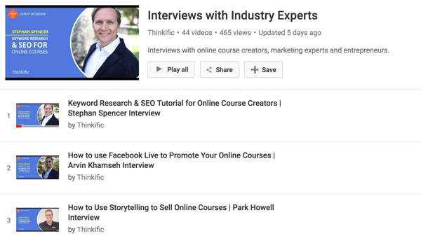 Thinkificov YouTube kanal ima niz intervjua s kreatorima internetskih tečajeva.