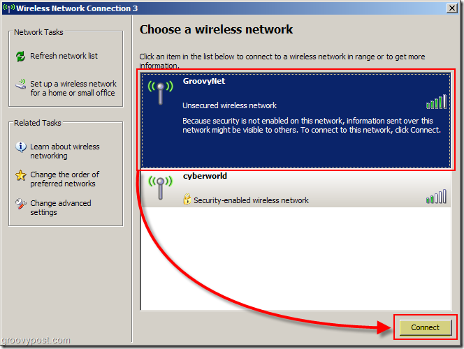 Izbornik Windows XP za odabir ekrana za bežičnu mrežu:: groovyPost.com