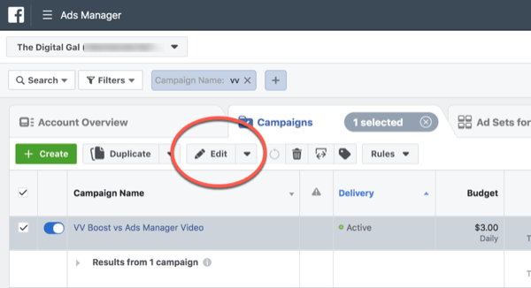 Facebook ThruPlay Optimizacija za uređivanje kampanje s prikazima od 10 sekundi, korak 1.