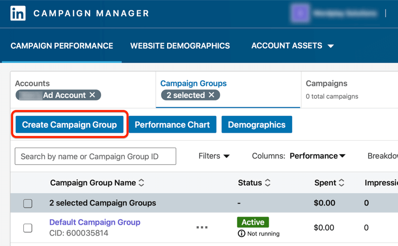 nadzorna ploča upravitelja kampanja s istaknutim gumbom za stvaranje grupe kampanja