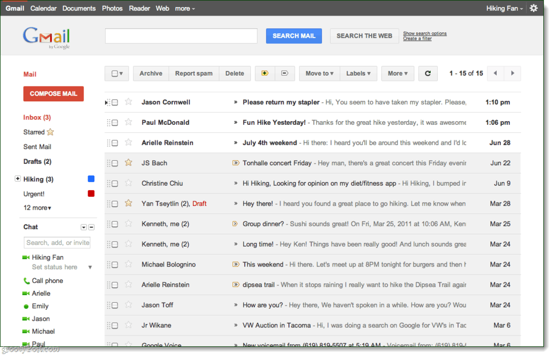 Gmail pretinac pristigle pošte, tema pregleda