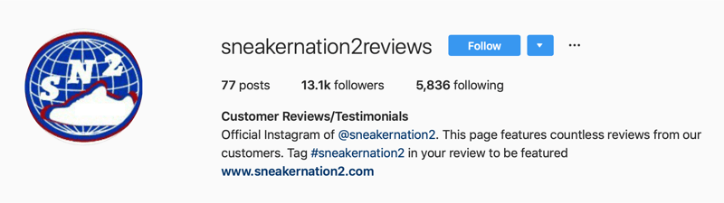 sekundarni Instagram račun za recenzije SneakerNation2