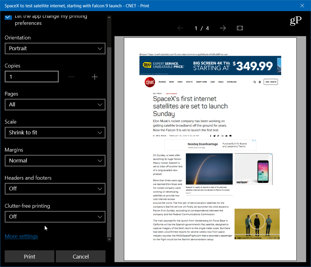 Ispišite članke s web mjesta Čiste i nerede uz Microsoft Edge