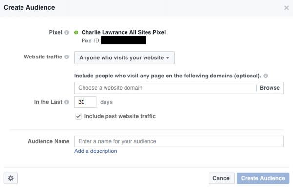 Stvorite prilagođenu publiku web stranice kako biste ponovno ciljali posjetitelje web stranice Facebook oglasima.