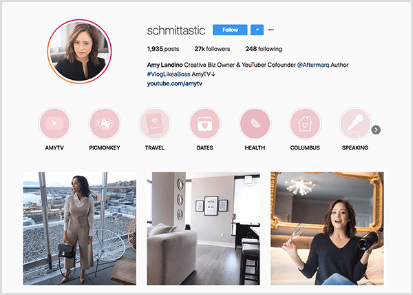Instagram profil Amy Landino koristi dršku schmittastic. Njezin Instagram profil prikazuje istaknute kategorije za AmyTV, Picmonkey, Putovanja, Datumi, Zdravlje, Columbus i Govor. Na fotografijama su slike Amy.
