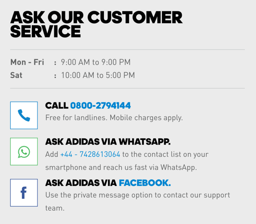 Pored telefonskog broja, Adidas uključuje veze WhatsApp i Facebook Messenger za opcije brige o kupcima.