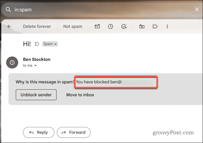 Primjer blokirane e-pošte na Gmailu