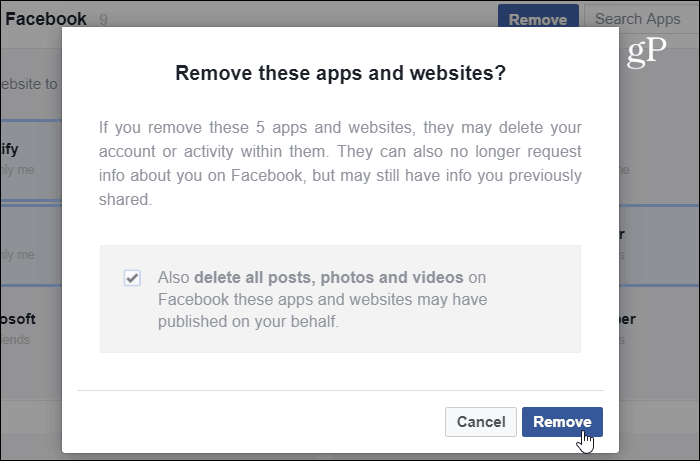 Potvrdite Facebook uklanjanje web lokacije aplikacije