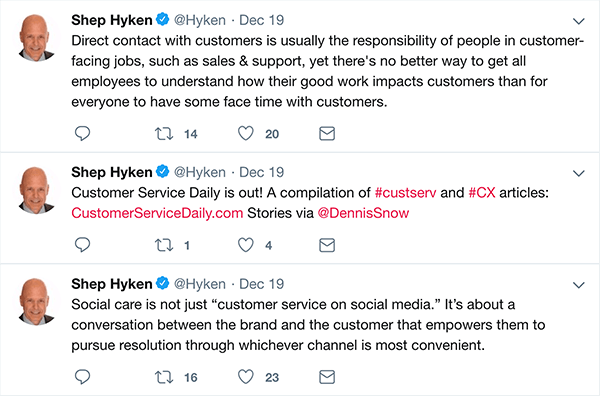 Ovo je snimka zaslona triju tweetova koje je Shep Hyken napravio o korisničkoj službi.