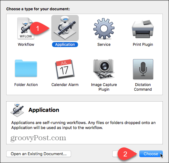 Odaberite aplikaciju kao vrstu dokumenta u programu Automator