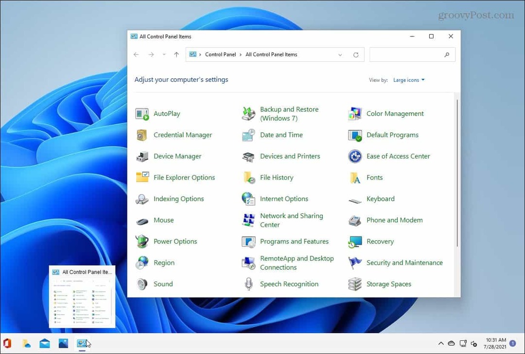 Upravljačka ploča otvorena u sustavu Windows 11