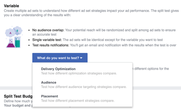 Odaberite varijablu koju želite testirati sa svojim Facebook oglasom.