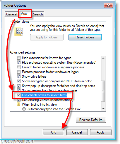 Snimak zaslona sustava Windows 7 - prikaz opcija mapa i potvrdni okviri za odabir stavki