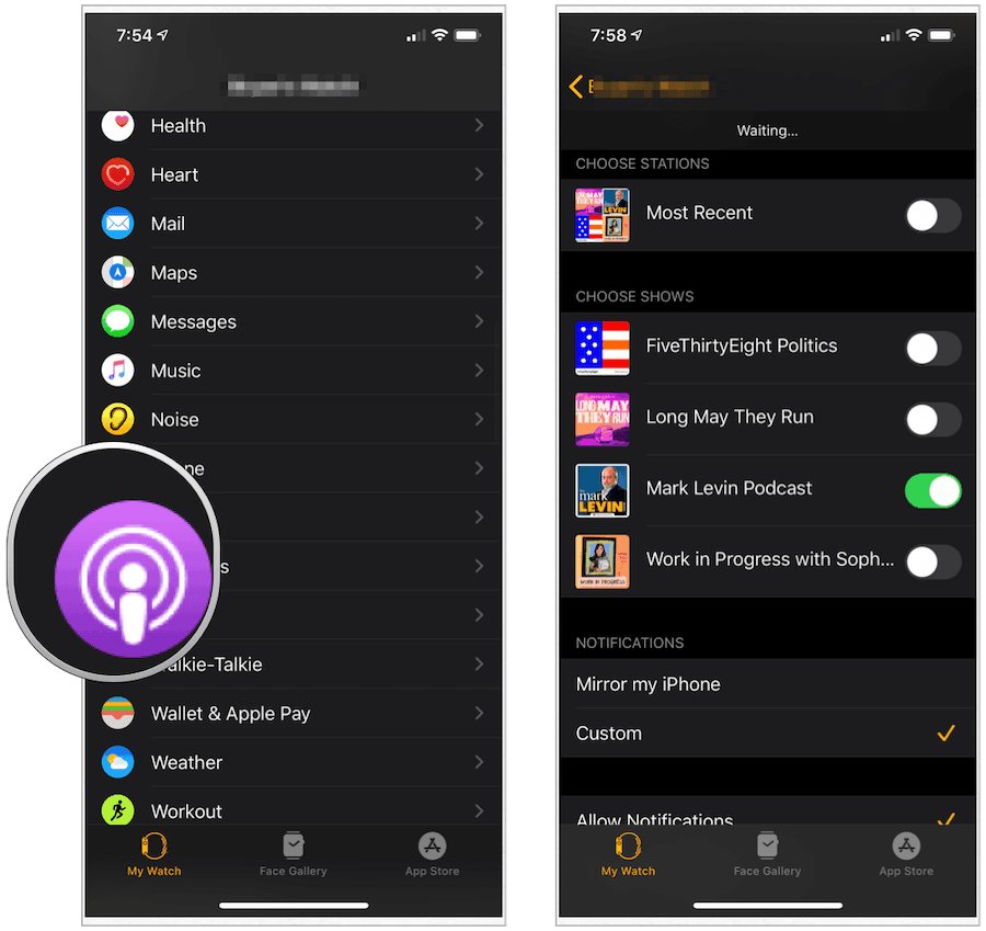 Aplikacija Apple Watch podcasts