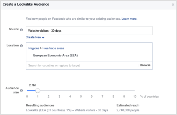 Odaberite opcije za postavljanje publike slične Facebooku na temelju prilagođene publike posjetitelja web stranice u zadnjih 30 dana