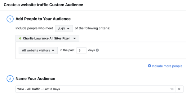 Stvorite posjetitelje prilagođenih publike slične Facebook publici, korak 1.