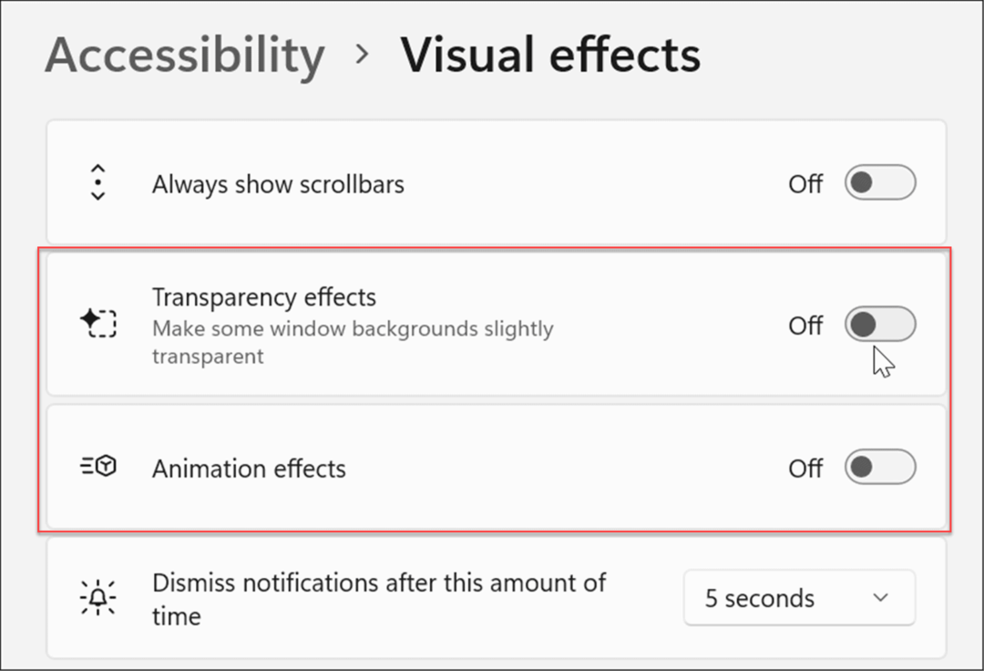 pristupačnost vizualni efekti postavke Windows 11