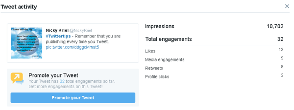 Kliknite tweet da biste vidjeli više podataka o angažmanu u Twitter Analyticsu.