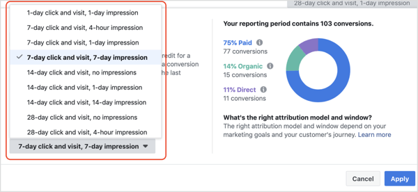 Padajući popis Prozor pripisivanja u alatu Facebook pripisivanje