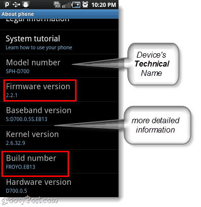 android firmware i broj izrade, broj modela također
