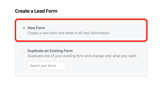 Opcija New Form na Facebooku Izradite prozor Lead Form