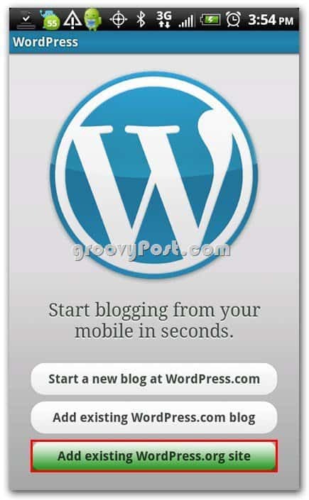 Wordpress u izborniku Android Setup (Postavke za Android) - Dodajte postojeće web mjesto
