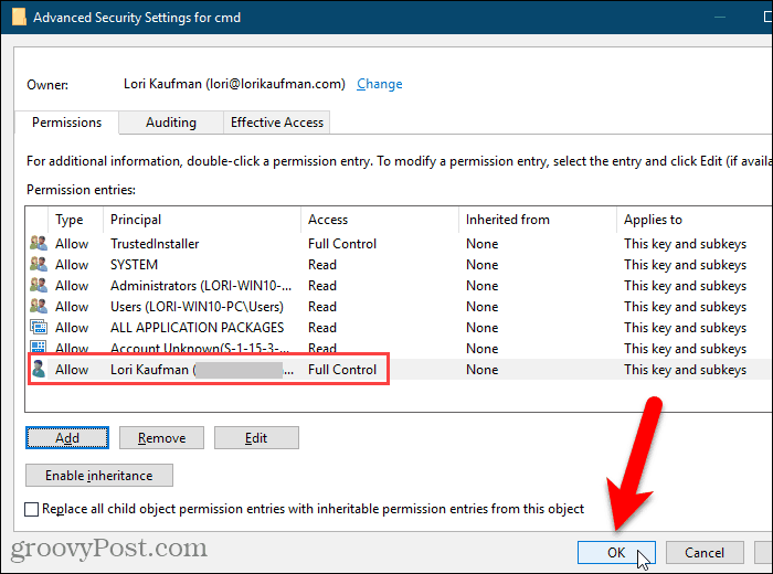 Zatvorite dijaloški okvir Napredne sigurnosne postavke u registru sustava Windows