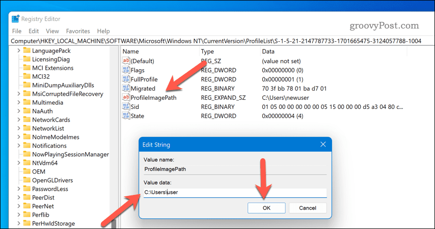Preimenujte stazu korisničkog profila u Windows 11 regedit