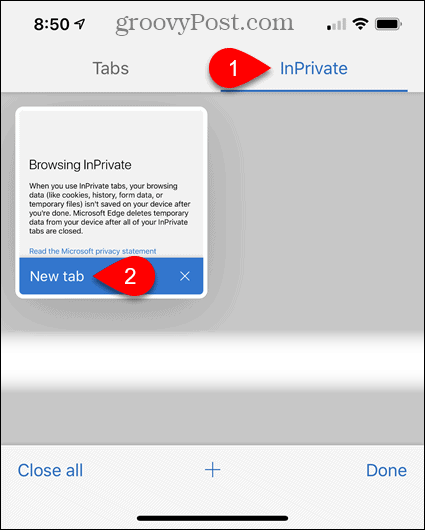 Dodirnite InPrivate, a zatim dodirnite Nova kartica u rubu za iOS