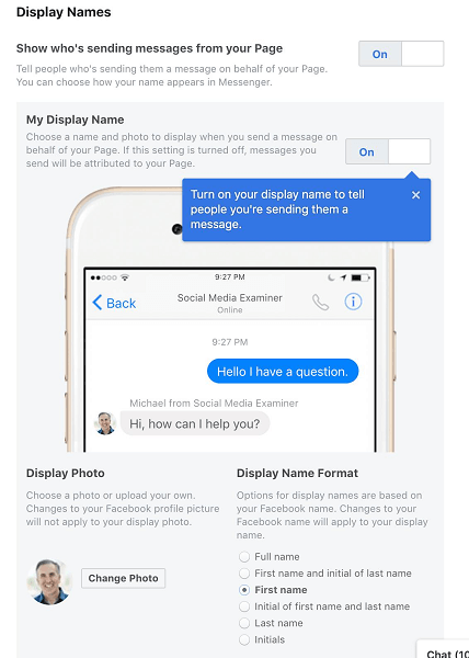 Facebook omogućuje administratorima stranica da odaberu svoje ime za prikaz kada Messenger koriste u ime svoje stranice ili tvrtke.