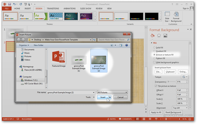 Predložak Officea 2013 Stvorite Izrada prilagođenog dizajna POTX Prilagodba Vodič za dijapozitive Kako formatirati pozadinu Uvoz slike slike prilagođenih slika