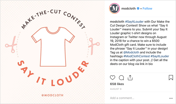 ModCloth je zamolio korisnike Instagrama da podijele vlastite dizajne u originalnim postovima i ponudio je velikodušan poticaj (proporcionalno zadatku): priliku da osvoje poklon karticu od 500 dolara.