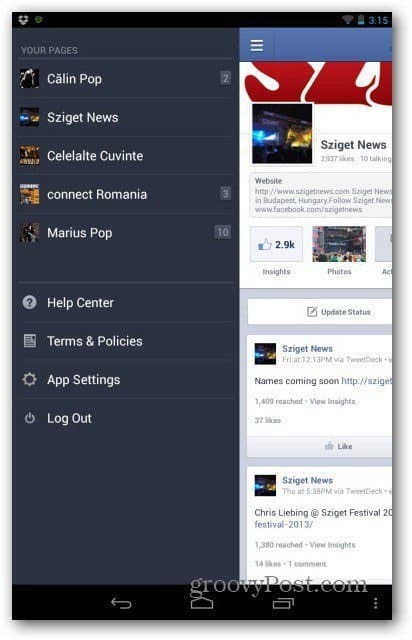 Facebook stranice za Android select page