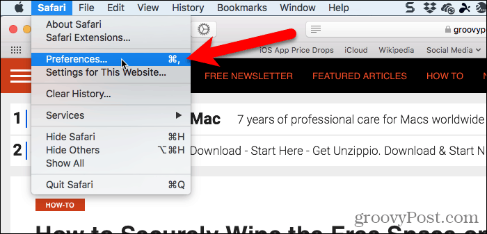 Idite na Safari> Postavke u Safariju za Mac