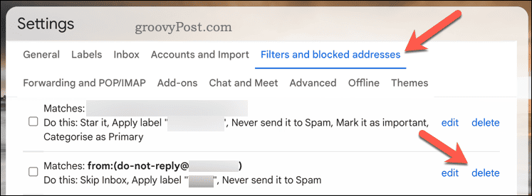 Gumb za brisanje filtra u Gmailu