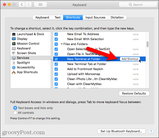 Kliknite Dodaj prečac za novi terminal na usluzi Folder na Mac računalu