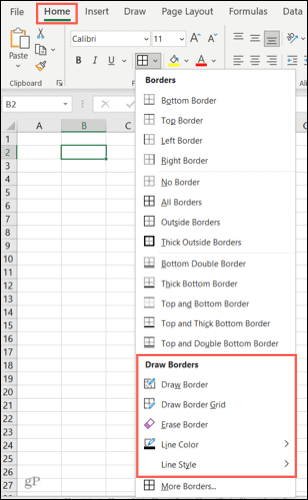 Opcije obruba u Excelu