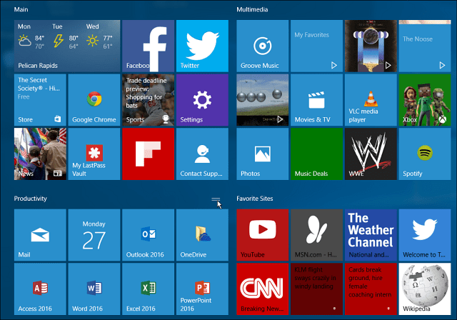 Početni izbornik pločica grupa Windows 10 je velik