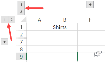 Grupirani gumbi s brojevima stupaca i redaka u programu Excel u sustavu Windows