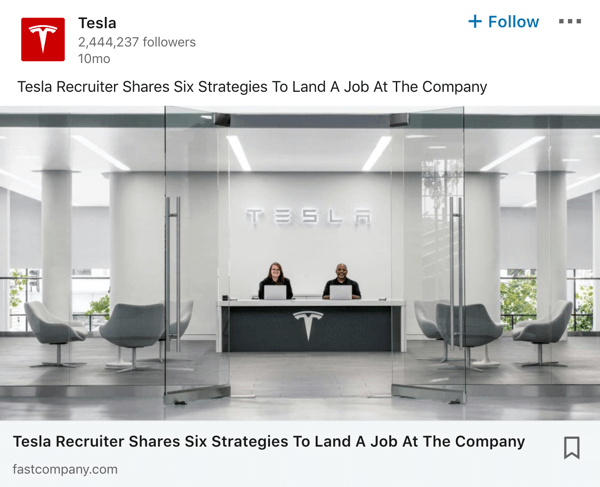 Primjer objave stranice tvrtke Tesla LinkedIn.